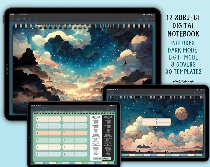 12 Subject Landscape Digital Notebook with Hyperlinked Tabs, 8 Celestial Space Covers, 30 Templates, in Dark Mode & Light Mode