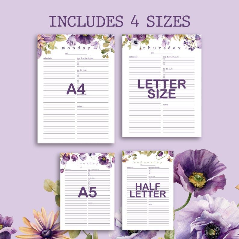 Purple Daily Planner Printable: Fillable PDF, A4 A5 Letter Sizes ...