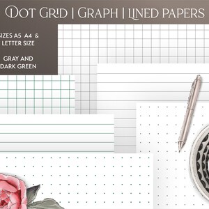 May include: A collection of printable papers in A4, A5, and letter sizes. The papers feature different styles, including graph paper, lined paper, and dot grid paper. The papers are in gray and dark green colors.