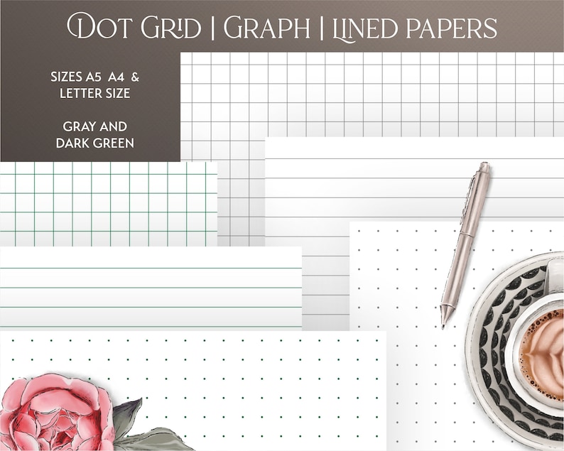 May include: A collection of printable papers in A4, A5, and letter sizes. The papers feature different styles, including graph paper, lined paper, and dot grid paper. The papers are in gray and dark green colors.