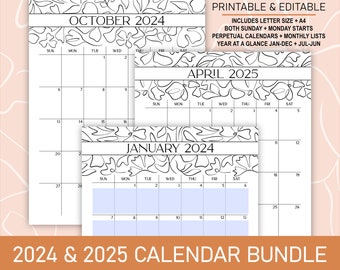 2024 2025 Minimalist Calendar Bundle | Printable Editable Portrait Monthly, Perpetual Calendars, & Year at a Glance in A4 + Letter Size