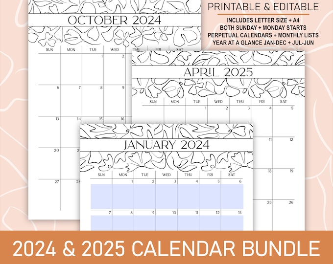 2024 2025 Minimalist Calendar Bundle | Printable Editable Portrait Monthly, Perpetual Calendars, & Year at a Glance in A4 + Letter Size