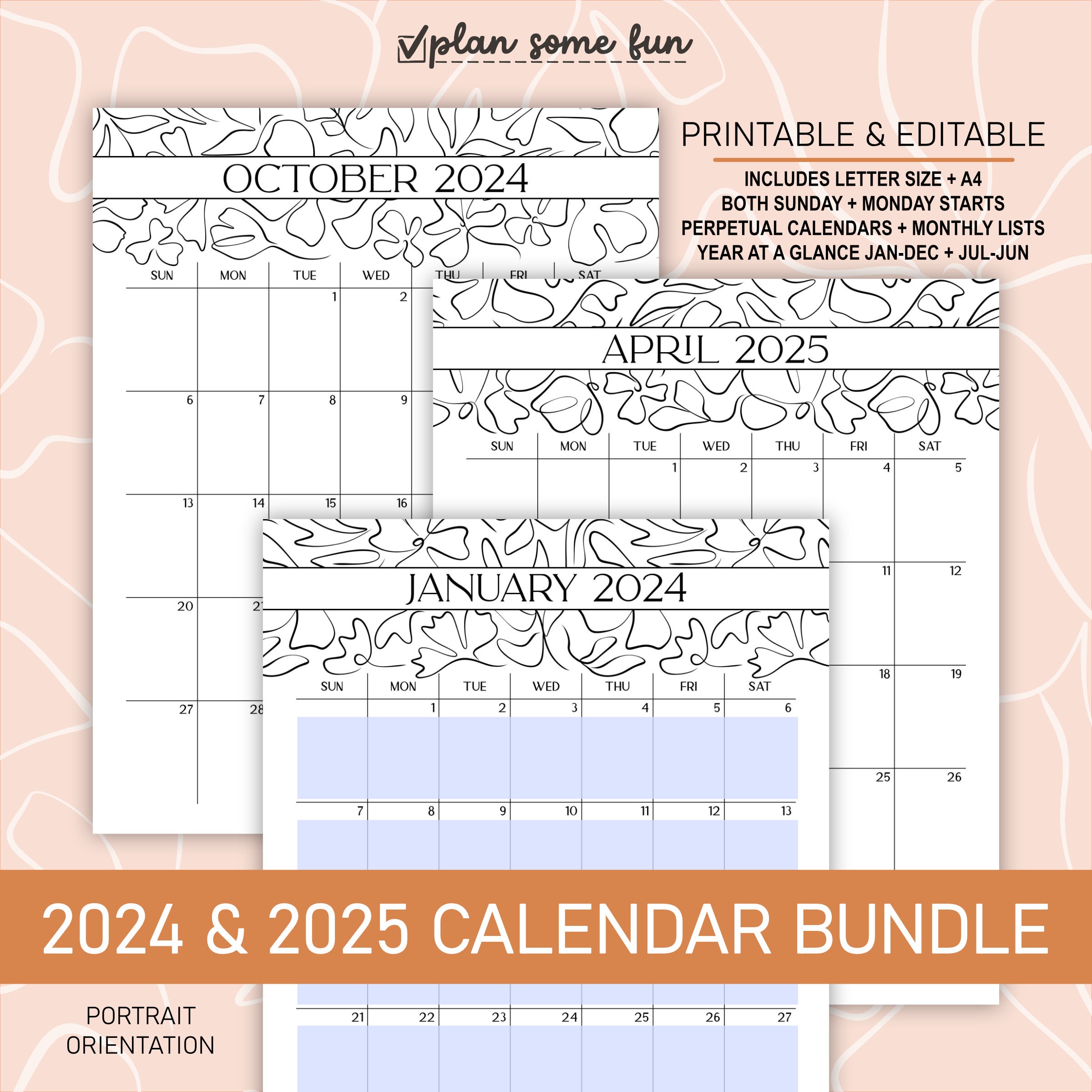 2024 2025 Minimalist Calendar Bundle Printable Editable Portrait