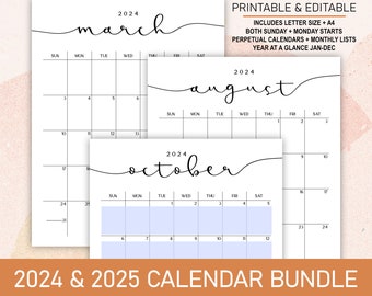 2024 + 2025 Printable Editable Calendars | Portrait Orientation | Year on One Page and Academic Calendars in A4 and Letter Size