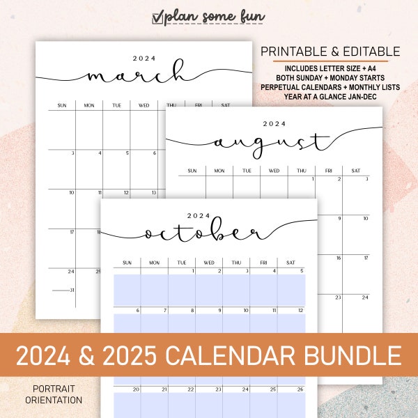 2024 + 2025 Printable Editable Calendars | Portrait Orientation | Year on One Page and Academic Calendars in A4 and Letter Size