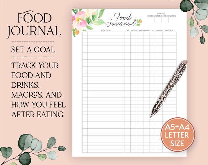 Food Journal Printable Planner Insert includes in sizes A5 A4 & Letter
