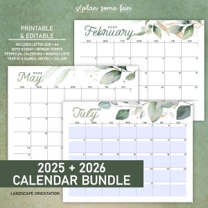 Calendario horizontal editable imprimible 2025 2026 con calendario perpetuo y resumen del año. Incluye versión académica y tamaño carta A4.
