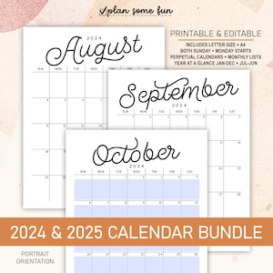 2024 2025 Calendar Bundle Printable Editable Portrait Monthly, Year at a Glance, Academic, and Perpetual Calendars A4 Letter Size BSCP1 image 1