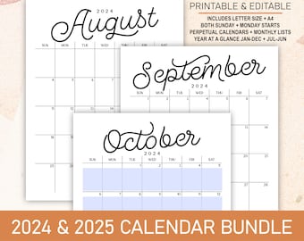 2024 - 2025 Calendar Bundle Printable Editable Portrait Monthly, Year at a Glance, Academic, and Perpetual Calendars A4 + Letter Size  BSCP1