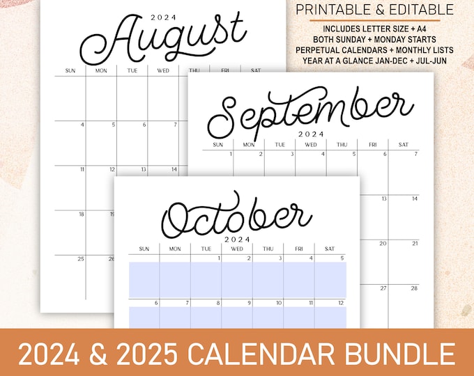 2024 - 2025 Calendar Bundle Printable Editable Portrait Monthly, Year at a Glance, Academic, and Perpetual Calendars A4 + Letter Size  BSCP1