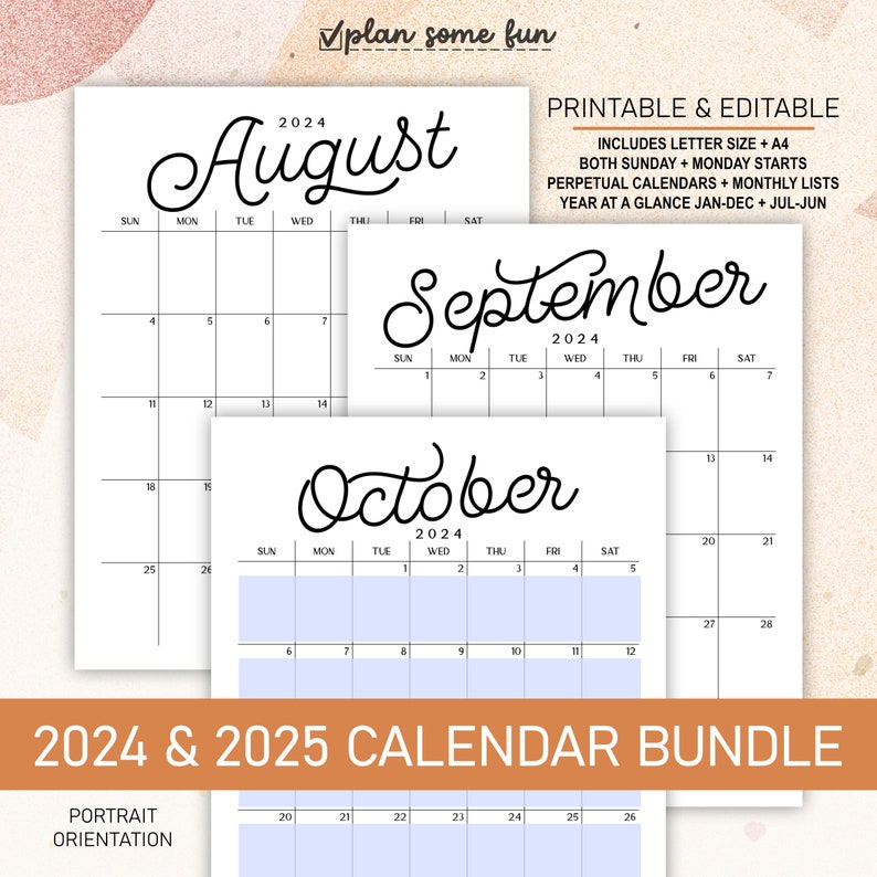 2024 2025 Calendar Bundle Printable Editable Portrait Monthly, Year at a Glance, Academic, and Perpetual Calendars A4 Letter Size BSCP1 image 1