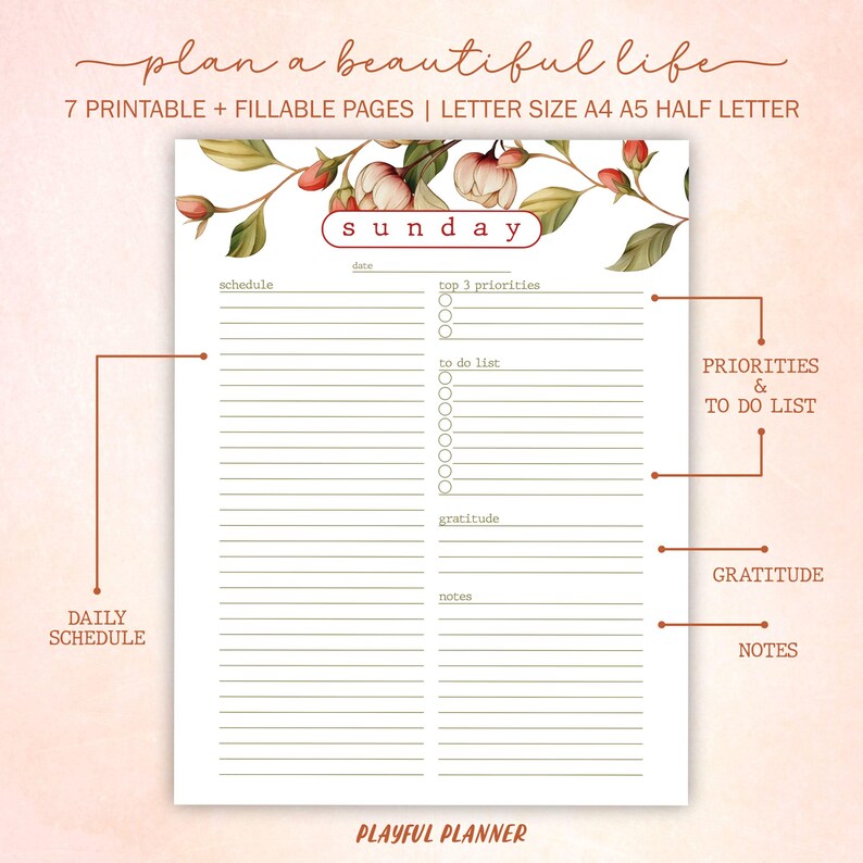 Floral Daily Planner Printable: Fillable PDF, A4 A5 Letter Sizes ...