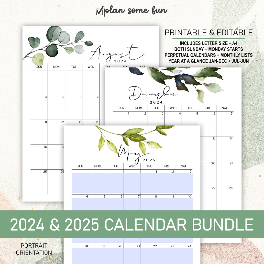 Lot de calendriers 2024 2025 Portraits modifiables imprimables calendriers mensuels