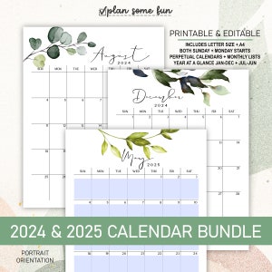 2024 2025 Calendar Bundle | Printable Editable Portrait Monthly Calendars, Perpetual Calendars, & Year at a Glance in A4 Letter Size