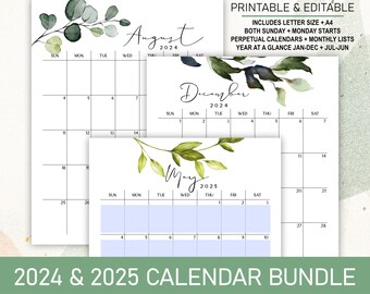 2024 2025 Calendar Bundle | Printable Editable Portrait Monthly Calendars, Perpetual Calendars, & Year at a Glance in A4 Letter Size