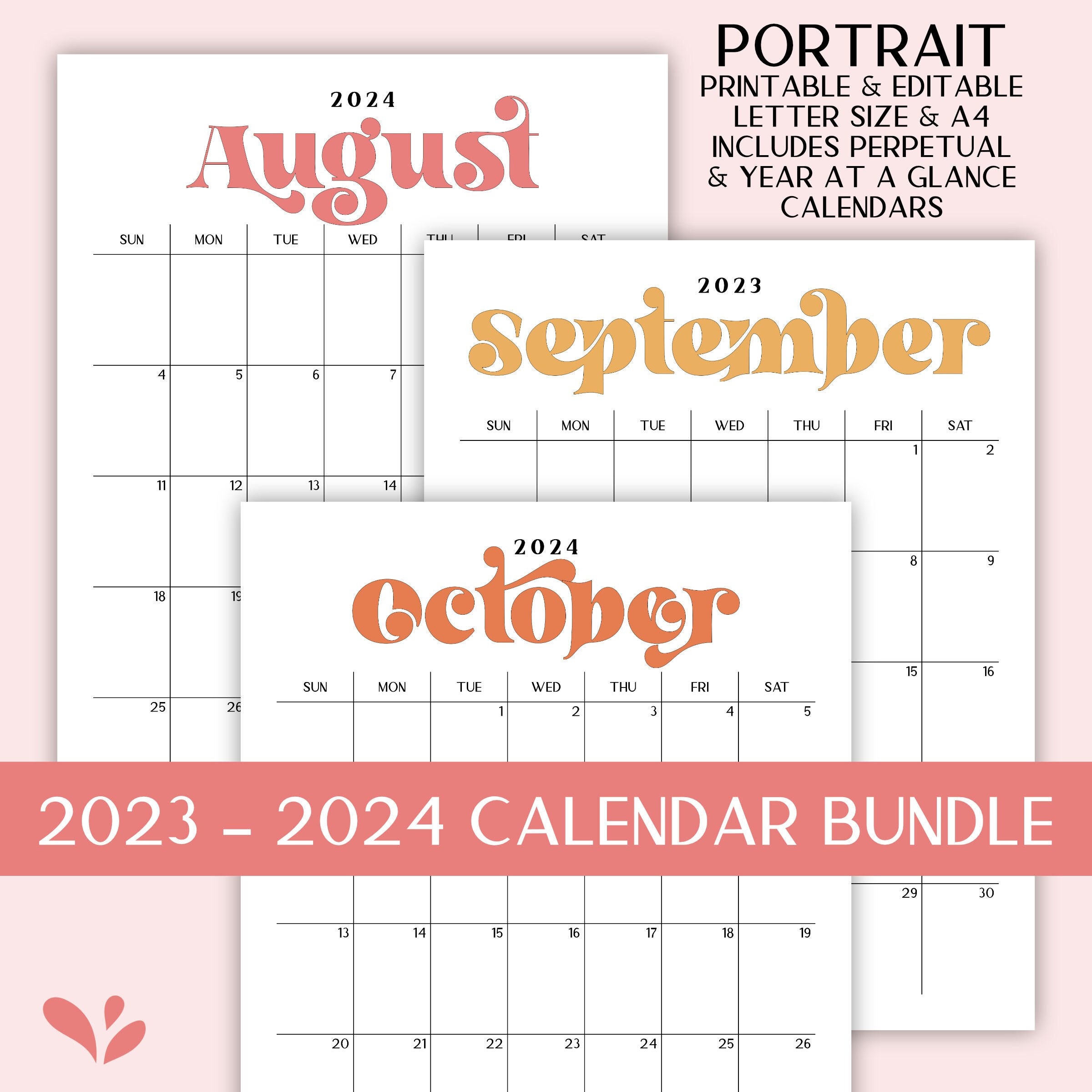 2023 2024 Calendar Bundle Printable Editable Portrait Monthly
