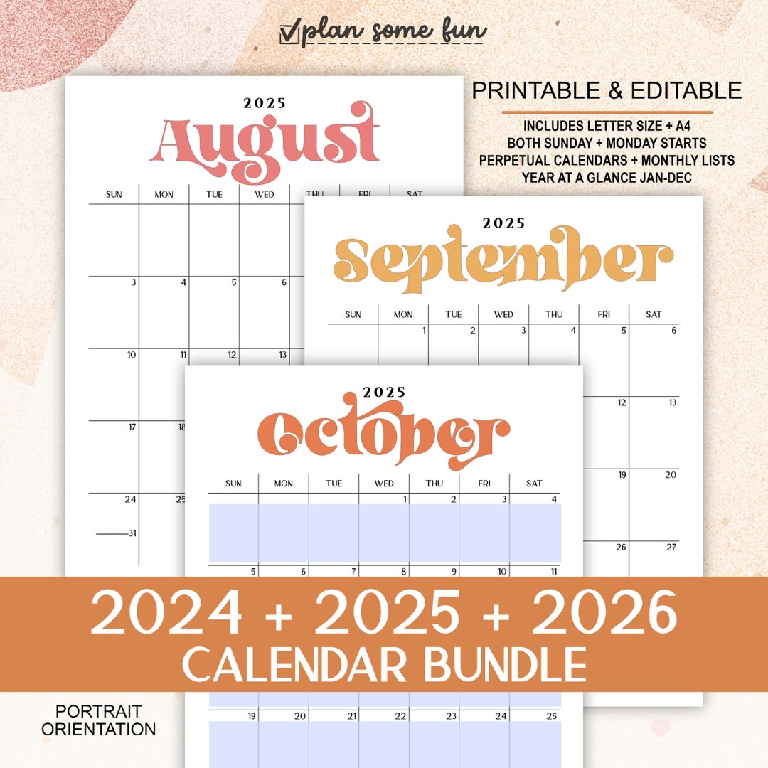 2025 2026 Calendars Printable and Editable Portrait Monthly, Perpetual ...