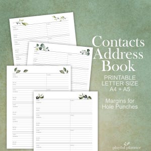 El paquete de lista de contactos imprimible y editable incluye 12 diseños botánicos en tamaños A5, A4 y carta/libreta de direcciones