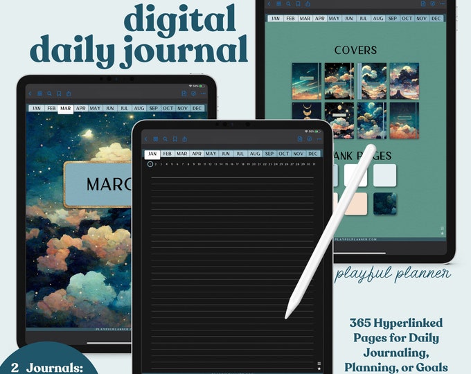 Dark Mode Daily Digital Journal includes 365 Hyperlinked Pages, 12 Section Notebook, 8 Moonlight Covers, & 13 PNG Page Templates | BMDC1