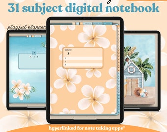 Cuaderno digital de 31 temas con pestañas con hipervínculos, plantillas de páginas de 14 notas, cubiertas y divisores temáticos del día soleado de la playa de verano