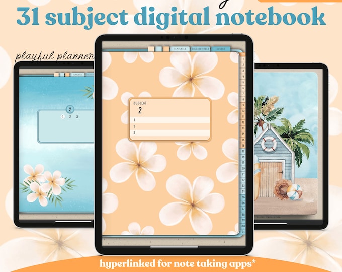 31 Subject Digital Notebook with Hyperlinked Tabs, 14 Note Page Templates, Sunny Summer Beach Day Themed Covers and Dividers