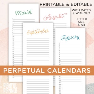K&ouml;nnte beinhalten: Druckbare ewige Kalender im Letter- und A4-Format. Die Kalender sind mit und ohne Daten gestaltet. Die gezeigten Monate sind M&auml;rz, August, September und Januar. Die Monate sind in einer bunten, handschriftlichen Schrift geschrieben.