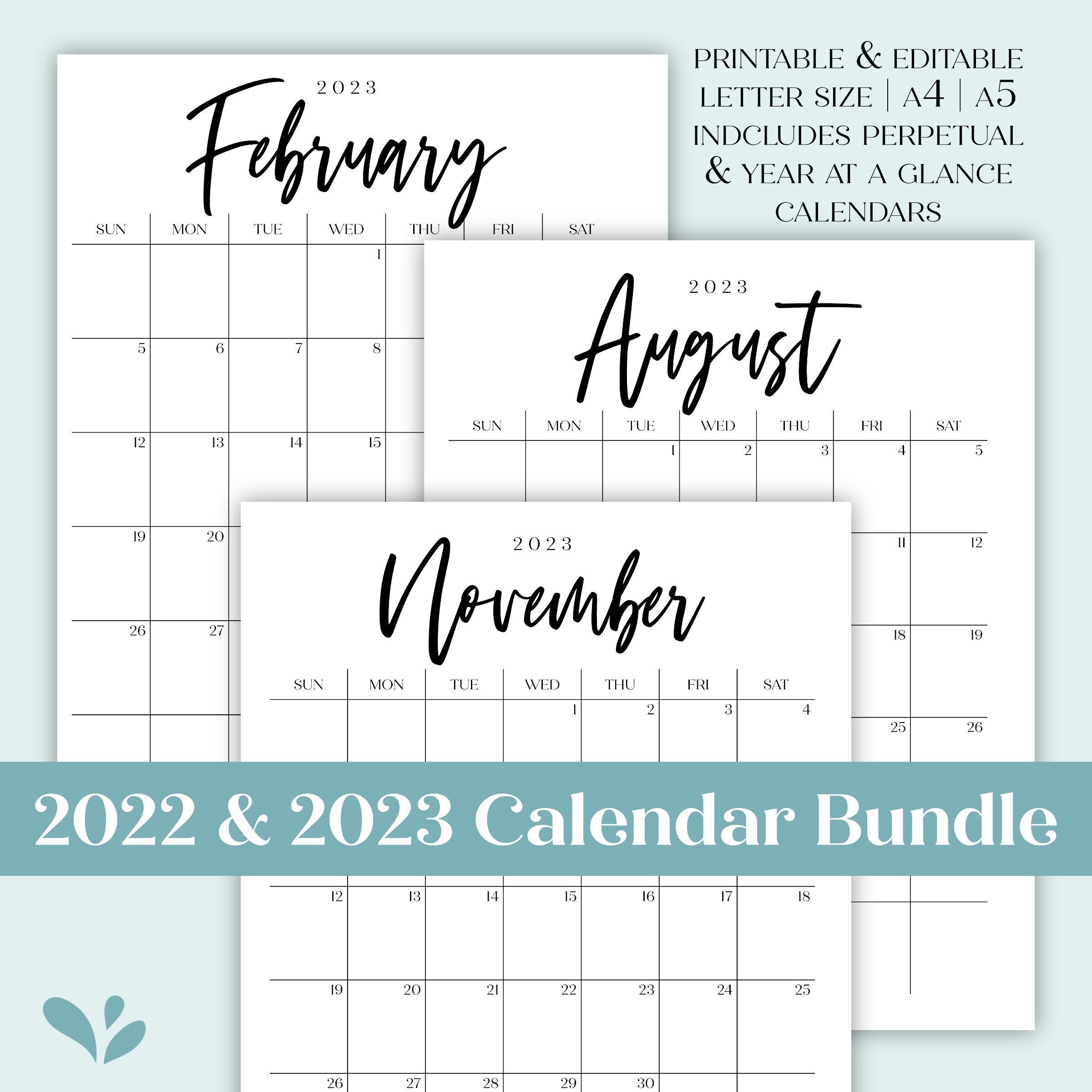 2022 2023 Printable Editable Calendar Bundle includes Monthly Calendars,  Perpetual Calendar and Year at a Glance in A5 A4 & Letter Size