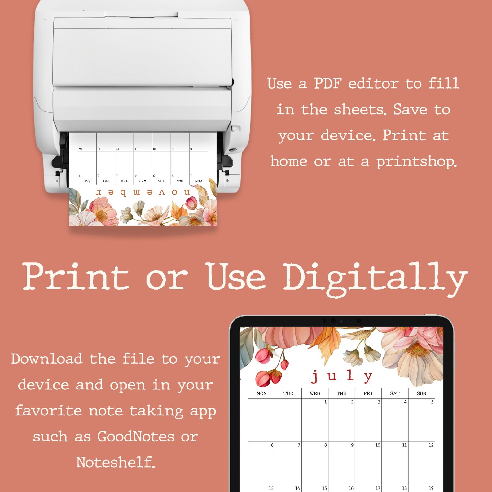 2026-2027 Cottagecore Floral Calendar: Printable Fillable PDF (a4 ...