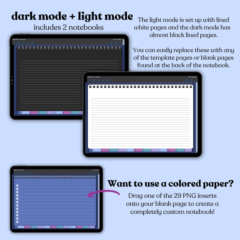 12 Subject Landscape Digital Notebook in Dark Mode & Light Mode with Hyperlinked Tabs, 8 Galaxy Covers, 30 Templates, and 29 PNG Inserts image 6