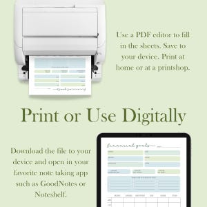 May include: A digital printable financial goals worksheet with sections for income, savings, investments, debt, giving, and other. The worksheet is shown on a tablet and a printer. The text "Print or Use Digitally" is displayed below the image.