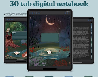 30 Subject Digital Notebook with Hyperlinked Tabs, 14 Note Page Designs, 8 Moonlight Night Forest Covers, Dark Mode & White pages | MFDC1