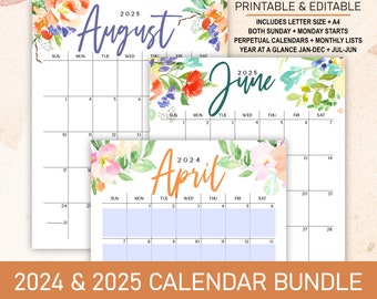 2024 2025 Printable Editable Calendar Bundle includes Monthly Calendars, Perpetual Calendar | Sunday and Monday Start | A4 & Letter Size