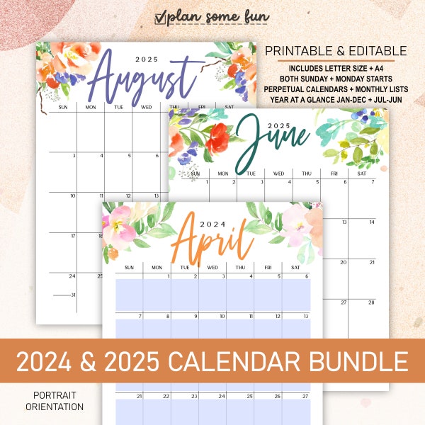 2024 2025 Printable Editable Calendar Bundle includes Monthly Calendars, Perpetual Calendar | Sunday and Monday Start | A4 & Letter Size