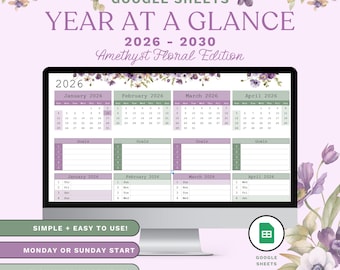 Year at a Glance Google Sheets Calendar | 5-Year Planner (2026–2030) | Amethyst Floral Edition