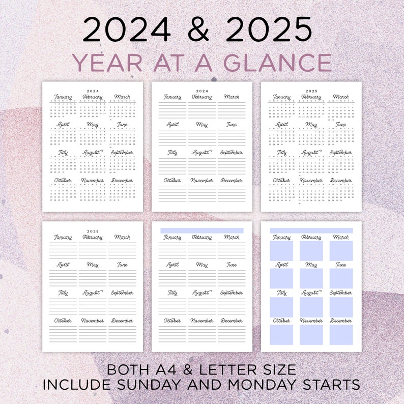 2024 2025 Calendar Bundle Printable Editable Portrait Monthly, Year at a Glance, Academic, and Perpetual Calendars A4 Letter Size BSCP1 image 7