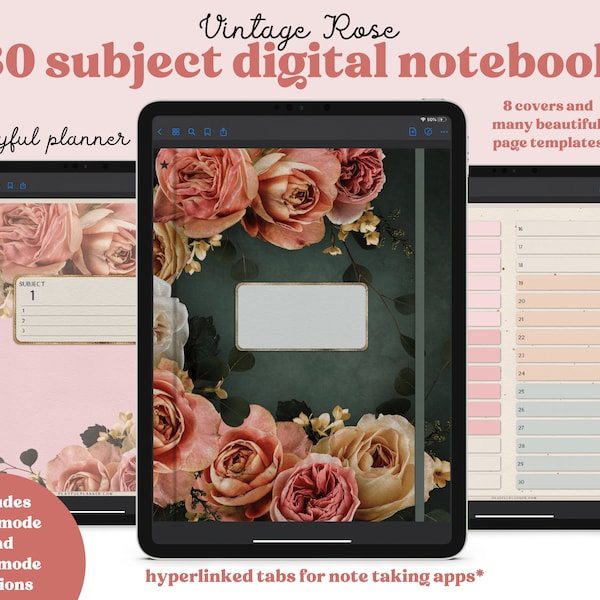 30 Subject Digital Notebook with Hyperlinked Tabs, 14 Note Page Designs, 8 Floral Covers, Dark Mode & Light Mode Included