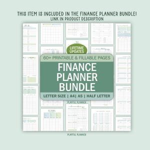 May include: A collage of printable finance planner pages in a green and white color scheme. The pages include sections for monthly budgeting, expense tracking, and goal setting. The text "FINANCE PLANNER BUNDLE" is displayed in a large font at the center of the image. The text "LIFETIME UPDATES" is displayed in a smaller font at the top of the image. The text "60+ PRINTABLE & FILLABLE PAGES" is displayed below the title.