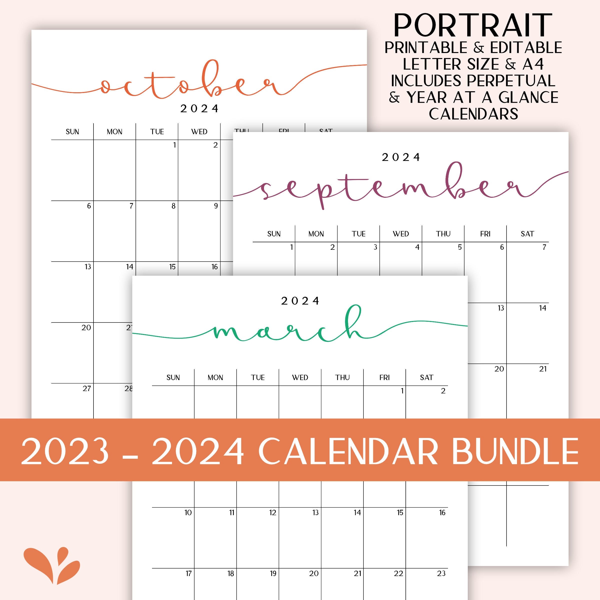 2023 2024 Calendar Bundle Printable Editable Portrait Monthly