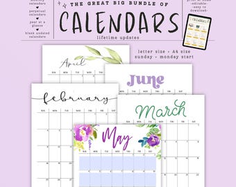 2025 - 2027 Calendar Lifetime Bundle| Printable and Editable Portrait Monthly, Perpetual, & Yearly Calendars