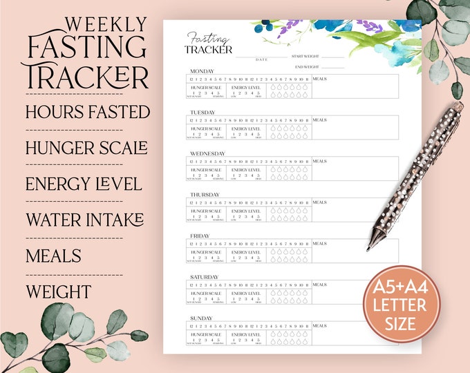 Printable Intermittent Fasting Tracker Planner Insert includes in sizes A5 A4 & Letter