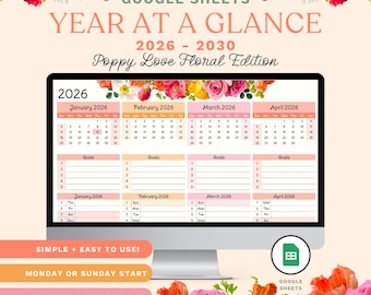Year at a Glance Google Sheets Calendar | 5-Year Planner (2026–2030) | Poppy Love Floral Edition