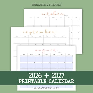 May include: Printable calendar pages for August, September, and October 2027, in a landscape orientation. The calendars are white with blue and gold text. The top of the image reads "PRINTABLE & FILLABLE". The bottom of the image reads "2026 + 2027 PRINTABLE CALENDAR".