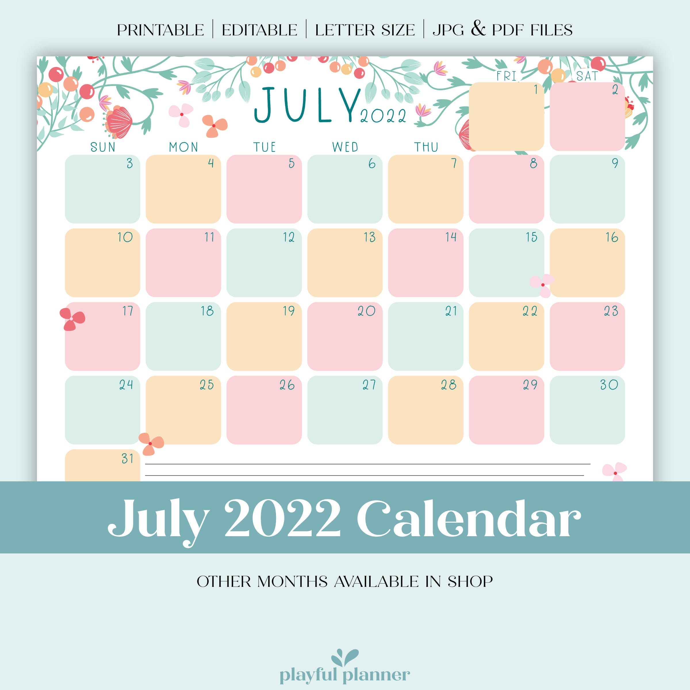 July 2022 Calendar Printable Dated Calendar Floral - Etsy