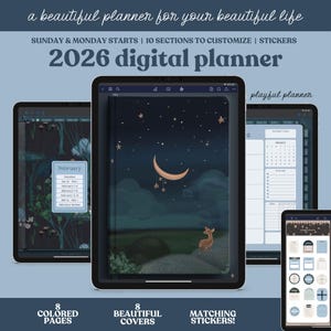 May include: A digital planner with a night sky theme, featuring a crescent moon and stars. The image shows multiple tablets displaying the planner's interface, with the text "2026 digital planner" and "8 beautiful covers".