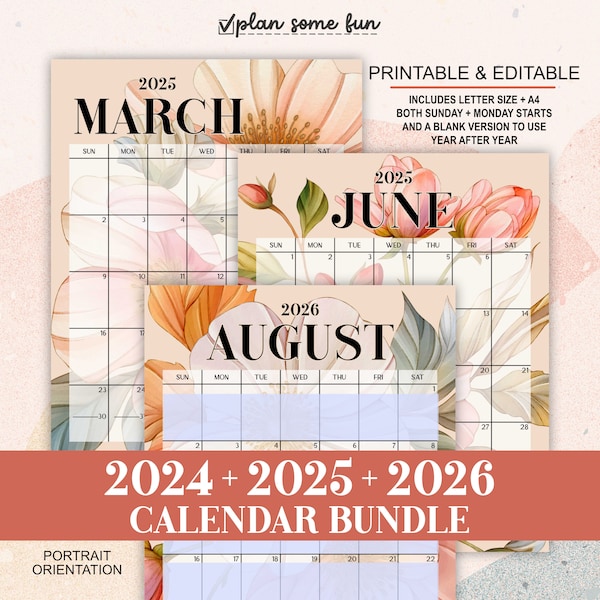 2024 2025 2026 Calendar Bundle Dated and Undated Printable Etsy