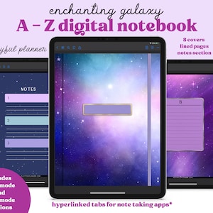 Op de afbeelding: Een digitaal notitieboek met een galaxy-thema. De omslag toont een paarse en blauwe galaxy met sterren. Het notitieboek bevat 8 omslagen, gelinieerde pagina's en een notitiegedeelte. De tekst "enchanting galaxy A-Z digital notebook playful planner" staat bovenaan de afbeelding. De tekst "includes dark mode and light mode versions" staat linksonder in de afbeelding. De tekst "hyperlinked tabs for note taking apps*" staat onderin het midden van de afbeelding. De tekst "8 covers lined pages notes section" staat rechtsboven in de afbeelding.