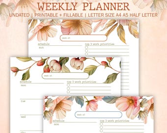 Fillable Weekly Planner Printable: Undated Work Life Schedule (A4/A5/Letter PDF Download)