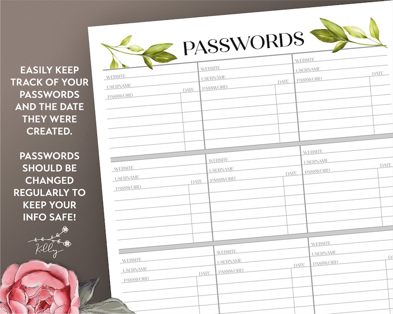 Printable Password Tracker Bundle includes 12 Botanical | Etsy