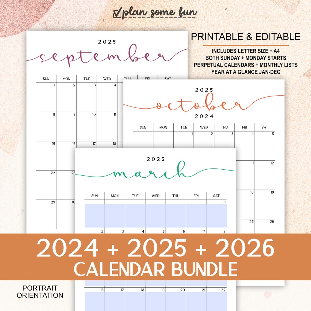 2025 2026 calendar bundle printable editable portrait monthly calendars,  academic year at a glance and perpetual birthday calendar - etsy