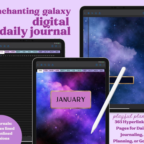 Daily Digital Journal with 365 Hyperlinked Dark Mode Pages includes a Notebook with 12 Sections, 8 Covers, and 13 PNG Template Stickers